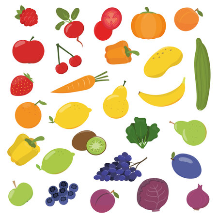 Cartoon fruits and vegetables icons set in colorful rainbow colors. Vector illustration on white background.のイラスト素材