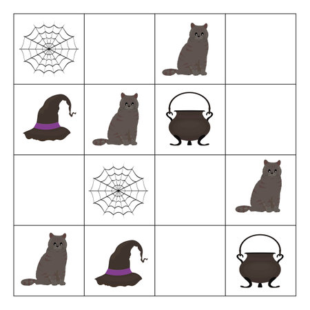 Sudoku game for children with pictures. Kids activity sheet. Vector illustration for halloween.のイラスト素材
