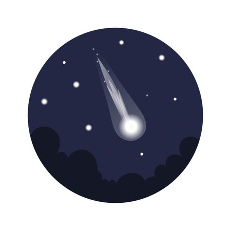 Shooting star on dark blue starry night sky, vector illustration. Circle icon.のイラスト素材