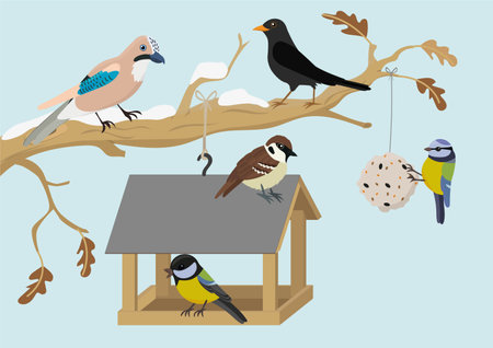 Wooden bird feeder with wild birds in winter. Vector cartoon illustration for kids.のイラスト素材
