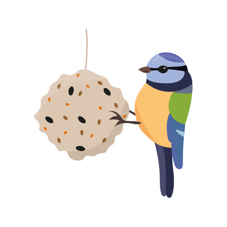 Cute bluetit bird pecking talllow ball. Vector illustration.のイラスト素材