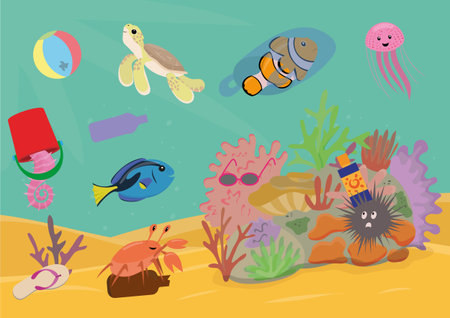 Game for children, find garbage on coral reef. Logical tasks for preschoolers vector illustration.のイラスト素材