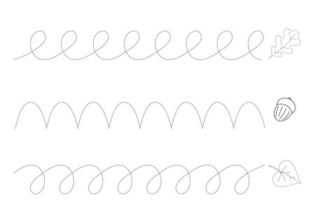 Basic graphomotor exercises. Trace line worksheets for children with autumn leaves and acorn. Preschool handwriting practice. Vector illustration.のイラスト素材
