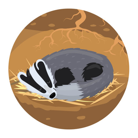 Cute badger cartoon character sleeps in his burrow, vector icon isolated on white backgroundのイラスト素材