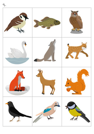 Memory game for children, cards with european animals active in winter. Educational activity for kids.のイラスト素材