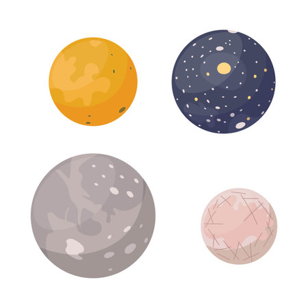 Vector cartoon flat illustration of biggest moons of Jupiter (Europa, Callisto, Ganymedes, Io). Planets in solar system.のイラスト素材