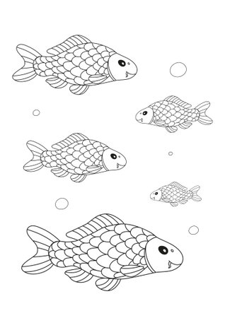 Connecting game with carp fishes. Match fish and food in correct size. Outline illustration. Vector worksheet for preschool children.のイラスト素材