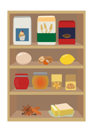 Pantry with food on shelves. Vector cartoon flat illustration. Grocery for baking.のイラスト素材