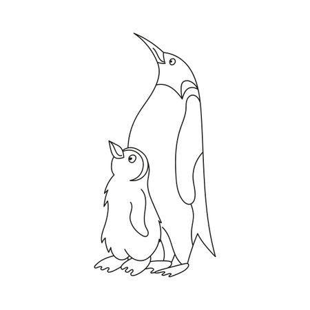 adult Emperor Penguin with its chick, vector outline illustration, coloring page for kidsのイラスト素材