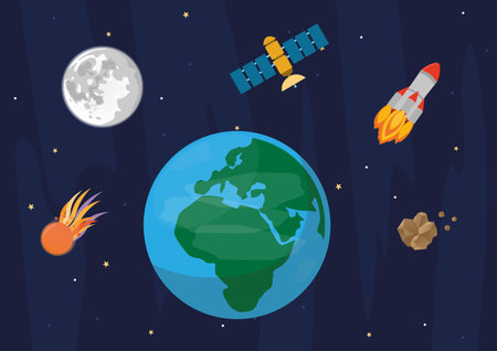 Objects in space, flat childish background. Vector cartoon illustration.のイラスト素材