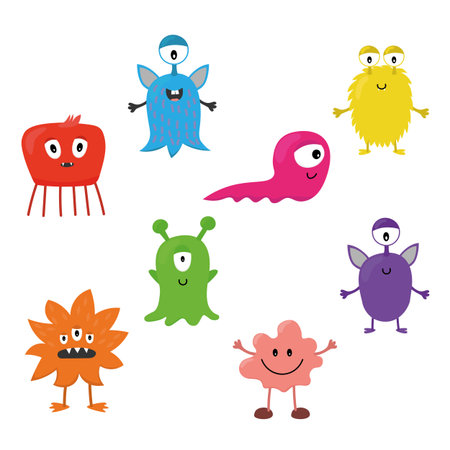 Cute cartoon set of monsters. Funny aliens in childish style isolated on white background. Vector flat design illustration.のイラスト素材