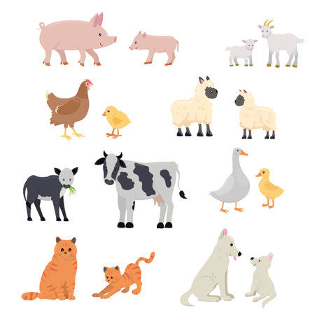 Big farm animals set. Cute mother and baby icons. Vector ilustration in cartoon childish flat style isolated on white background.のイラスト素材