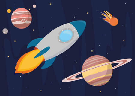 Objects in space, flat childish background. Vector cartoon illustration for kids.のイラスト素材