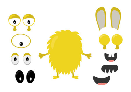 Create your own monster game for kids. Fluffy cute yellow monster or alien with different eyes, ears and mouths to complete. Vector illustration. Flat cartoon design.のイラスト素材