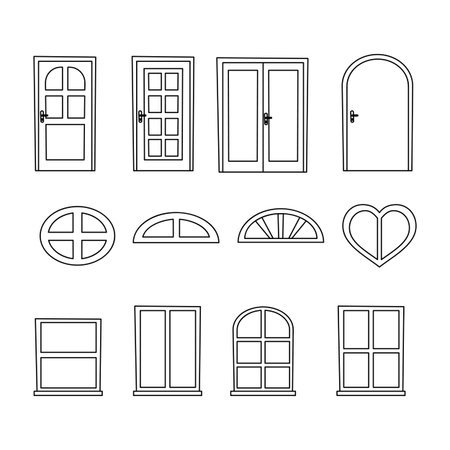 Illustration set of doors and windows. Vector cartoon crooked outline illustrations. For icons, stickers, kids worksheets and magazines.のイラスト素材
