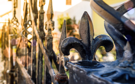 lily ornament on iron fence close upの写真素材
