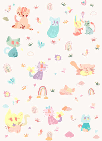 Pattern cute Kittens and cats. Great for background, wallpaper, wrapping paper, fabric, backdrop. Hand drawn kid illustration.の写真素材