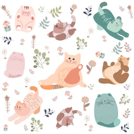 Seamless funny pattern cute hand drawn set of cat character pose. Great for wallpaper, background, fabric, wrapping paper, poster, textile, backdrop, gift wrap, nursery, curtain, rug, carpet. Creative childish, flat illustration on white background.の写真素材