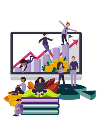 Business and Finance Success concept, online business. Tiny teamwork character Sad, Serious, talking, help, happy and success. with large icon, book, computer, graph, coin, chart. illustration exotic color tone in flat style on white background.の写真素材