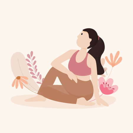 Yoga and relaxation for beautiful woman sitting with floral on pink tone. Design of lady yoga pose. Flat vector illustration for relaxation and healthcare concept.のイラスト素材