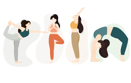 Set of woman practice yoga with standing pose.Tree pose, Standing Bow Pose. Mountain pose. Woman exercise for body stretching. Healthy lifestyle with yoga and fitness concept. Vector illustration with flat style on white background.のイラスト素材