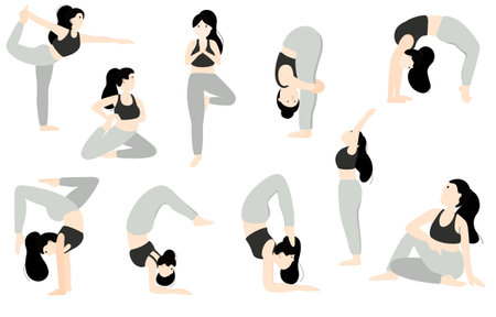 Woman practice yoga with different pose, sitting and standing. Tree pose, Standing Bow Pose. Mountain pose. Healthy lifestyle with yoga and fitness concept. Vector illustration on white backgroundのイラスト素材