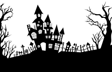 Castle with trees silhouettes style on white background. Haunted houses or spooky village for background, banner and header. Vector illustration for halloween concept.のイラスト素材
