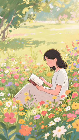 Young woman reading a book in a meadow of flowers. Vector illustration.の素材