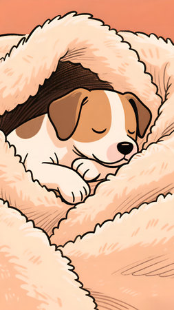 Cartoon Illustration of a Cute Puppy Sleeping in a Blanketの素材