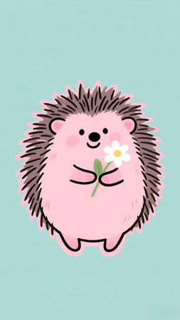 Cute cartoon hedgehog with flowers. Hand drawn vector illustration.の素材