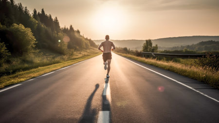 Athlete runner feet running on road towards a morning sunlight. Keep moving towards the goal. Being determined. Work out and wellness. AI generatedの素材