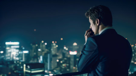 A businessman stands on open roof top balcony watching at a city night view. Business vision, ideas, thoughts, and plans concepts. AI-generatedの素材