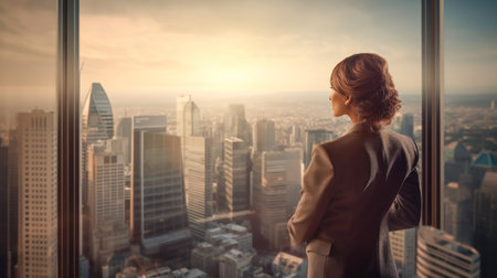 A beautiful businesswoman in her working suit looking outside the office using her thoughts, ideas, or visions. ai-generatedの素材