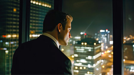 A businessman Looking Out of the Window on Late Evening at a city night view. Business vision, ideas, thoughts, and plans concepts. AI-generatedの素材