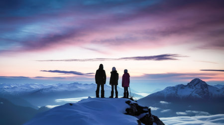 Silhouette of three travelers or hikers standing together on the top of mountain with a dusk sky and enjoys the moment of successful achievement, fulfillment, growth, overcoming, and success.の素材