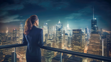 A businesswoman looking from an office  balcony at a city night view. Business vision, ideas, thoughts, and plans concepts. AI-generatedの素材