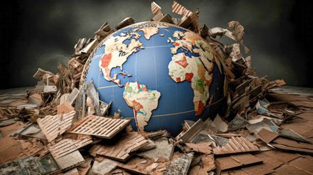 World financial crisis and collapse of the global economy. Debris spread across the globe.の素材