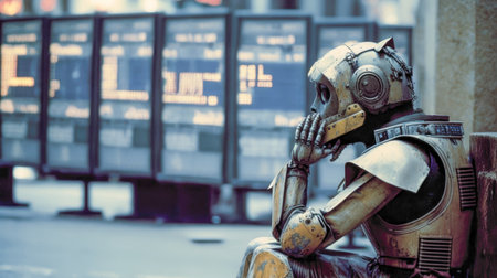 A humanoid robot appears downcast as it grapples with its emotions and strives to make the best decision to address a problem. Artificial intelligence becomes sentient and conscious. Generative AIの素材