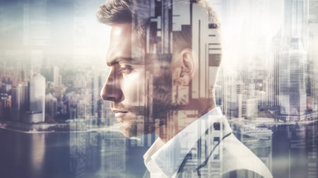 Portrait of a handsome businessman and a city of skyscrapers. Double exposure business theme background. AI-generatedの素材