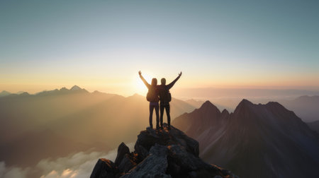 Silhouette of two travelers or hikers standing and raise their hands together on the top of mountain with a morning sky and sunrise and enjoys the moment of successful achievement. Generative AIの素材