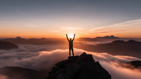 Silhouette of a hiker standing and raise his hands on the top of mountain with a morning sky and sunrise and enjoys the moment of successful achievement, fulfillment, growth, overcoming, and success. Generative AIの素材