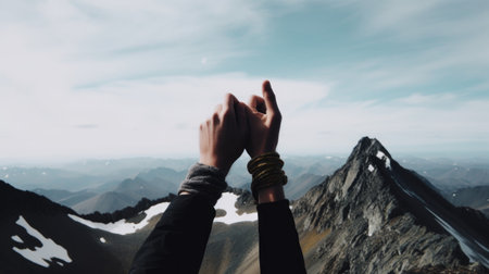 Raised hands of two travelers or hikers on the top of mountain and enjoys the moment of successful achievement, fulfillment, growth, overcoming, and success. Generative AIの素材
