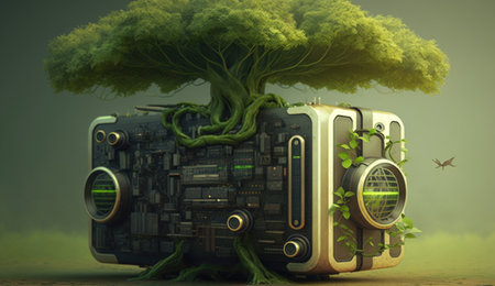 Green Radio Player with Lush Vines and Tree on it - A Concept of Sustainable Development. Generative AIの素材