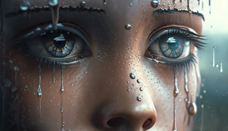 Beautiful Cyborg or Artificial Intelligence's Eyes: A Close-up View of Strikingly Colorful Digital Art. AI-generatedの素材