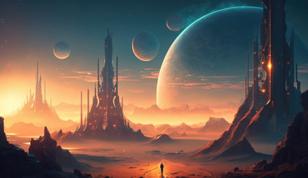 A gigantic futuristic sci fi city with a view of planets in space with a man standing in front and thrilled to pieces. AI-generatedの素材