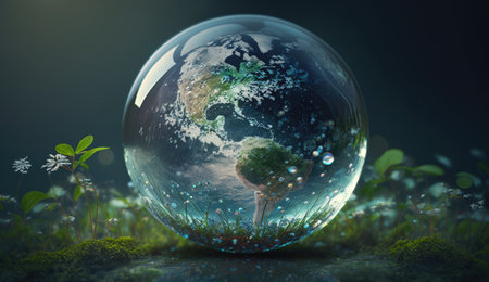 Stunning Crystal Globe with Greenery World Map - A Sustainable Vision. Generative AIの素材