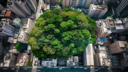 Sustainability and sustainable development concept. Large leafy green tree is preserved in the middle of the modern city of skyscrapers. Business, technology, and environment. Generative AIの素材