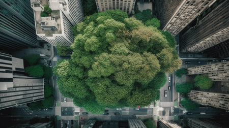Sustainability and sustainable development concept. Large leafy green tree is preserved in the middle of the modern city of skyscrapers. Business, technology, and environment. Generative AIの素材