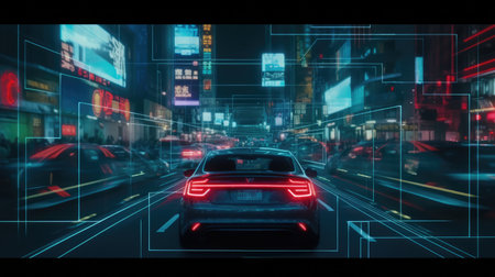 Autonomous driving, self-driving car drives itself in the city at night without human control.  Driver-less or robotic vehicle (robo-car). Generative AIの素材