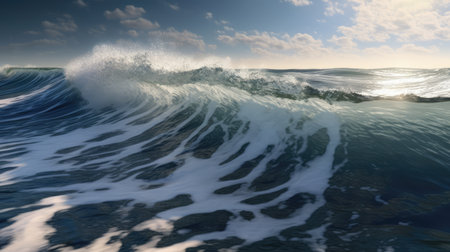 A Massive and Serene Wave with Foamy Bubbles in the Ocean. Generative AIの素材